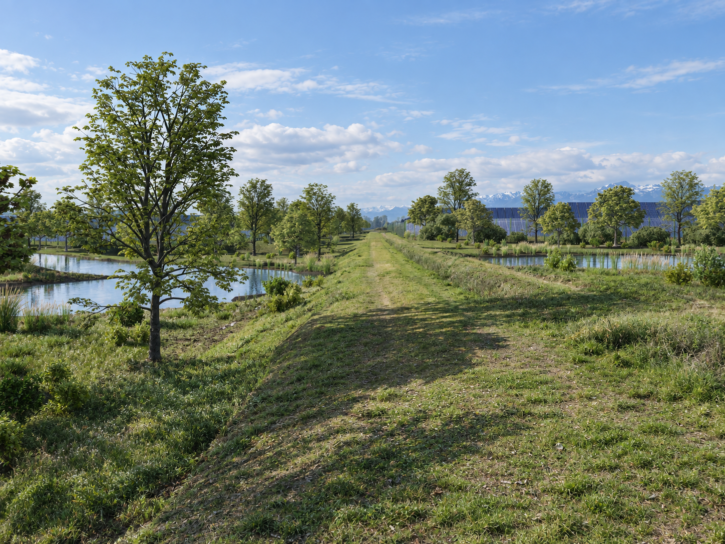Rielaborazione del progetto agrivoltaico di Masserano con corridoio verde, aree umide, vegetazione e moduli fotovoltaici