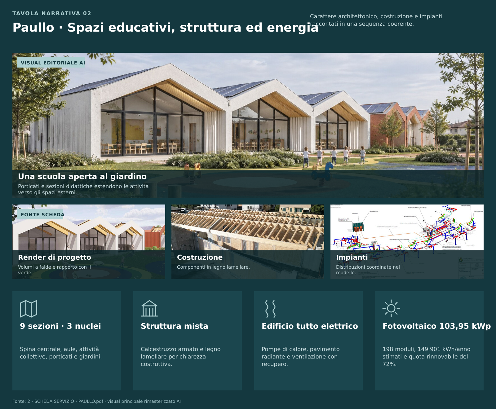 Tavola narrativa della scuola dell’infanzia di Paullo con visual principale, struttura lignea e modello degli impianti