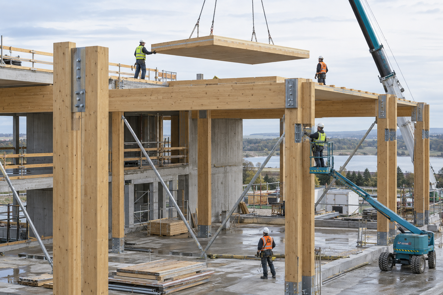Visual di montaggio di una struttura ibrida prefabbricata in legno e acciaio