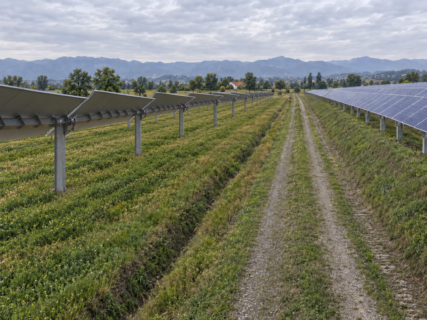 Simulazione paesaggistica di un impianto agrivoltaico con strada centrale, coltura foraggera e tracker 2P inclinati in direzioni contrapposte