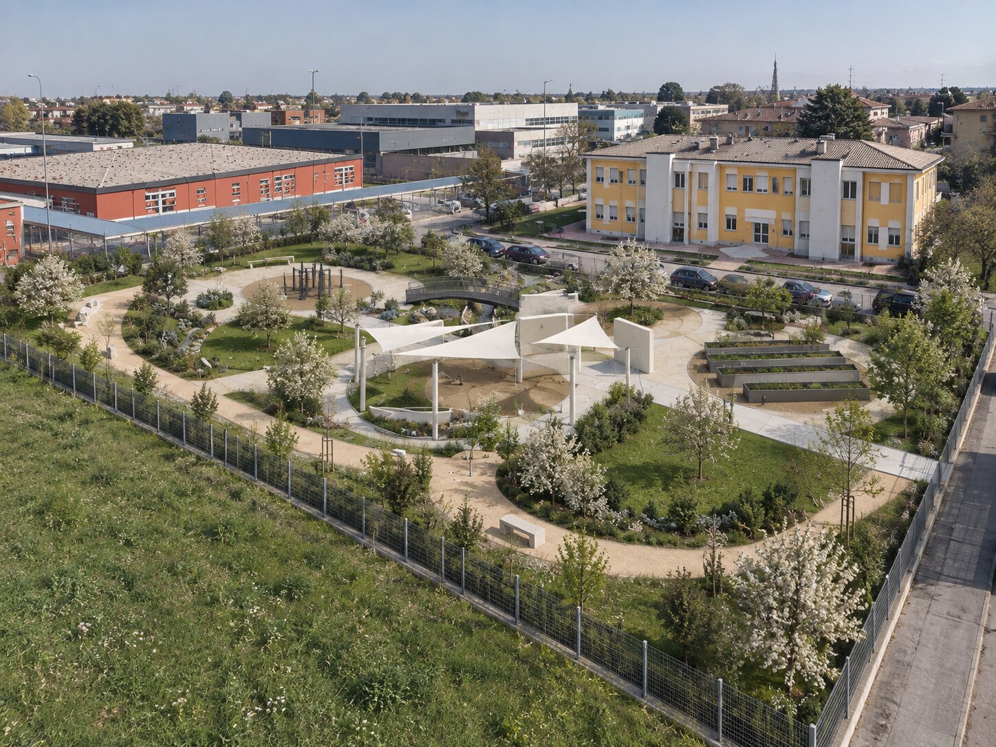 Vista dall’alto elaborata del giardino sensoriale di Buccinasco nel suo contesto urbano