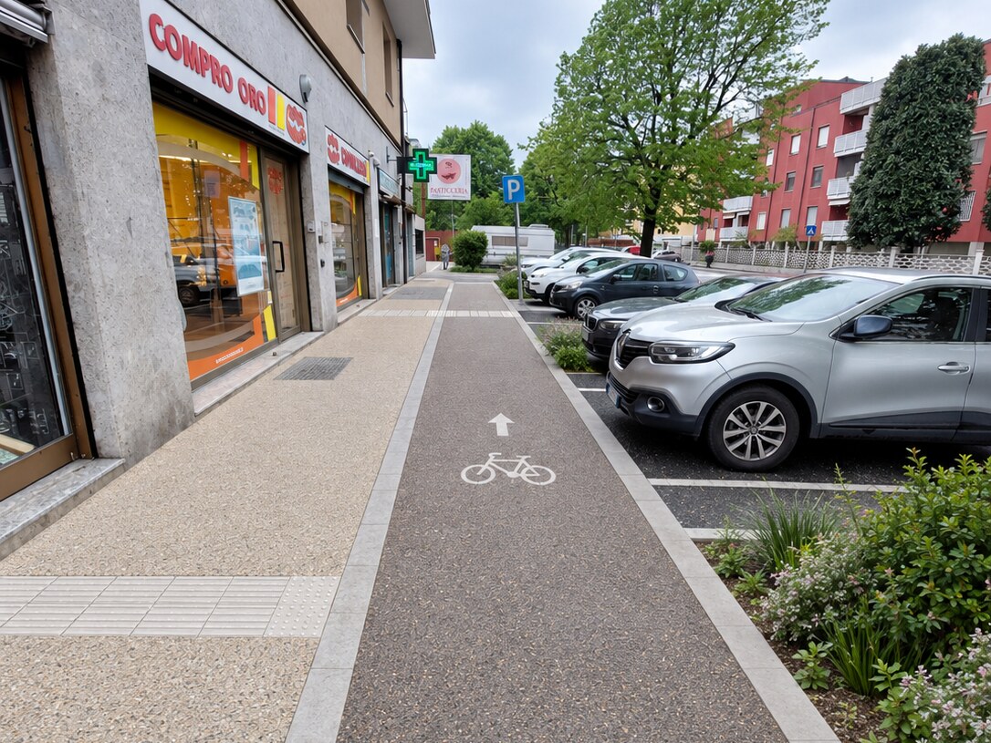 Visualizzazione progettuale del percorso accessibile lungo il fronte commerciale di via Lomellina
