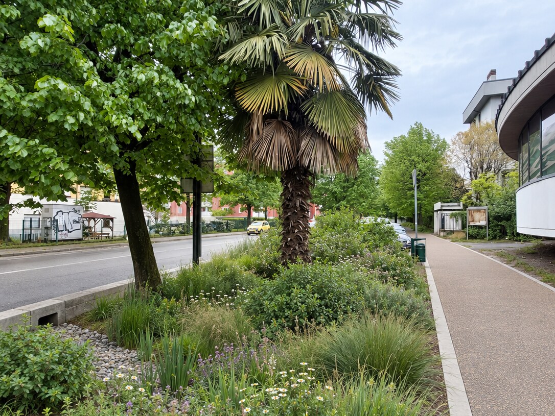 Visualizzazione progettuale del rain garden e del prato fiorito di via Lomellina